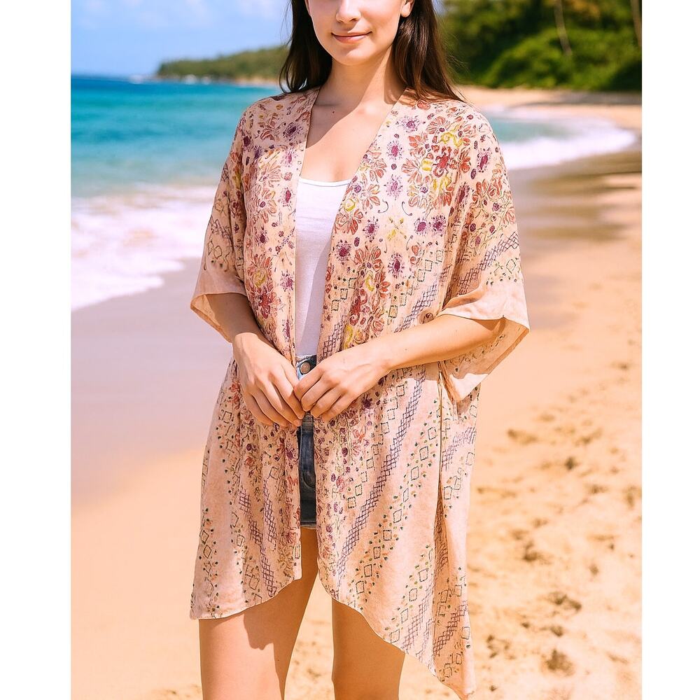 LOFT Boho Kimono Womens Size Medium/Large Pink Floral Beachy Topper Coverup